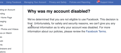 Screenshot of message Posie Parker received about why she was banned from using Facebook on November 14, 2019. 