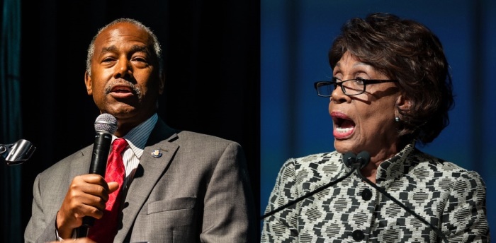 Housing and Urban Development Secretary Ben Carson (L) and House Financial Services Chairwoman Maxine Waters, D-Calif. (R)