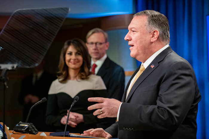 U.S. Secretary of State Michael R. Pompeo speaks to the press at the Department of State in Washington, D.C., on Nov. 18, 2019.