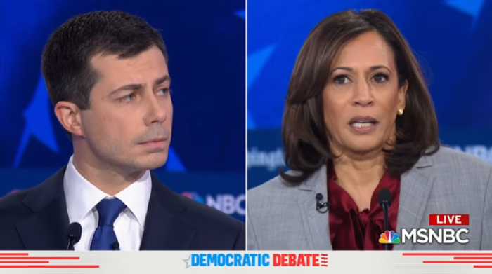 Democratic California Sen. Kamala Harris (R) and Mayor Pete Buttigieg of South Bend, Ind., discuss how the Democratic Party has taken African American voters for granted during the fifth primary debate of the 2020 presidential election on November 20, 2019. 