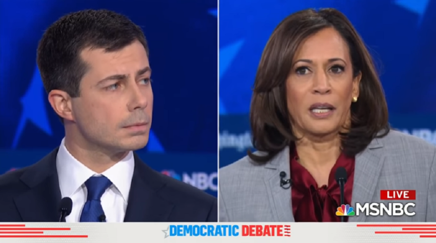 Democratic California Sen. Kamala Harris (R) and Mayor Pete Buttigieg of South Bend, Ind., discuss how the Democratic Party has taken African American voters for granted during the fifth primary debate of the 2020 presidential election on November 20, 2019.
