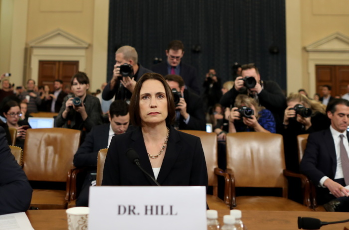 Fiona Hill, the National Security Council’s former senior director for Europe and Russia, arrives to testify before the House Intelligence Committee in the Longworth House Office Building on Capitol Hill November 21, 2019 in Washington, DC. 