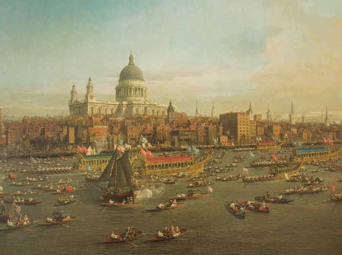 An eighteenth century painting of the River Thames and St. Paul's Cathedral in London, England. 