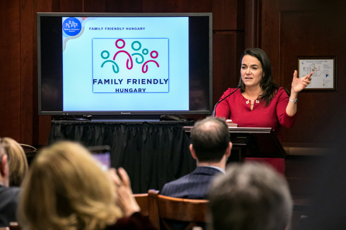 Hungary's Minister of State for Family and Youth Affairs Katalin Novák (M) speaks at the Second International Conference on Family Policy in Washington, D.C. on Dec. 4, 2019.