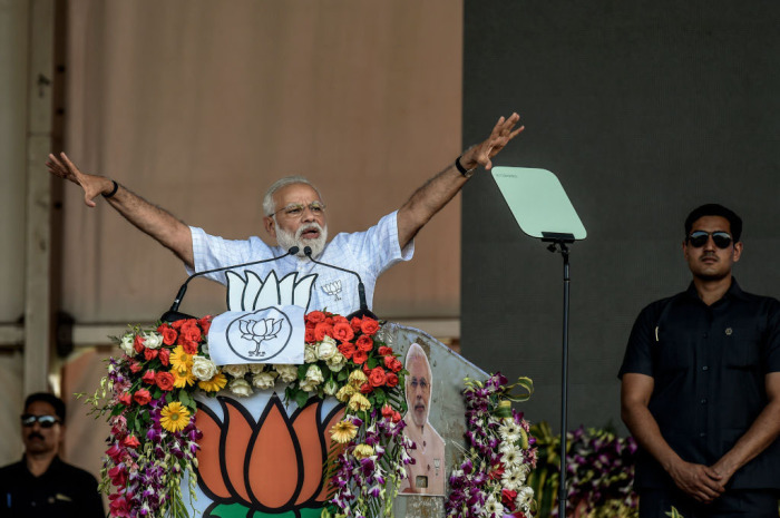 Indian Prime Minister Narendra Modi speaks at the public rally at Brigade ground on April 3, 2019, in Kolkata, India. Prime Minister Narendra Modi belongs to Hindu nationalist Bharatiya Janata Party. 