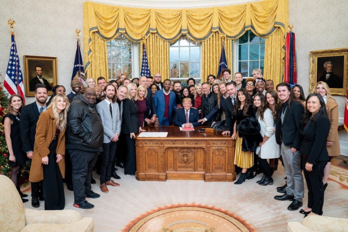 Evangelical worship leaders visit with Donald Trump in the Oval Office, December 6, 2019.