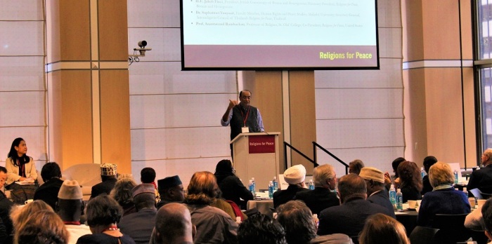 Anantanand Rambachan, professor of religion at St. Olaf College and co-president of Religions for Peace, United States, speaks at the Religions for Peace conference in New York City on Dec. 11, 2019.