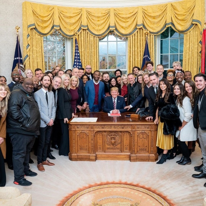 Worship leader Eddie James (2nd L) with President Donald Trump and other popular Christian leaders and musicians on December 6, 2019.