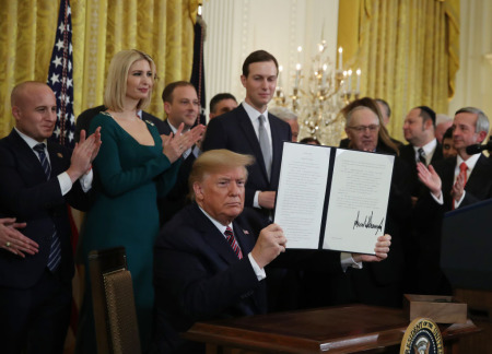 U.S. President Donald Trump signed an executive order to combat anti-Semitism during a Hanukkah Reception in the East Room of the White House on December 11, 2019, in Washington, D.C.