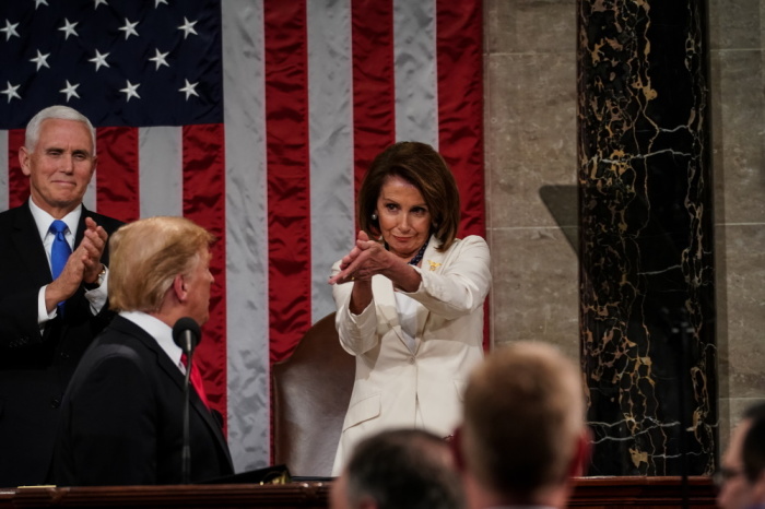 Speaker Nancy Pelosi and Vice President Mike Pence applaud U.S. President Donald Trump at the State of the Union address in the chamber of the U.S. House of Representatives at the U.S. Capitol Building on February 5, 2019 in Washington, DC. 