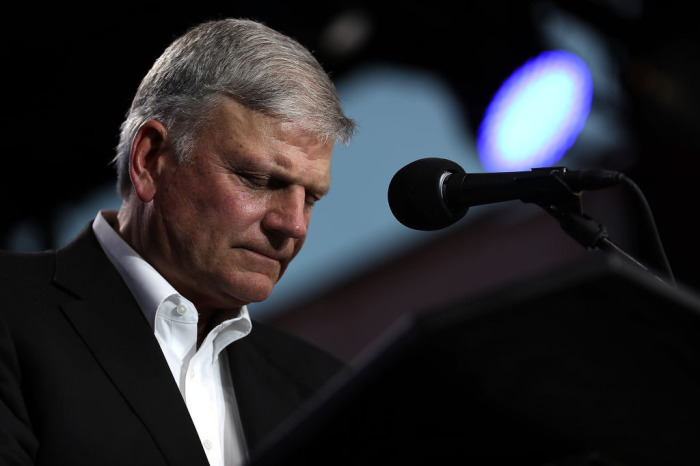 The Rev. Franklin Graham speaks during Franklin Graham's 'Decision America' California tour at the Stanislaus County Fairgrounds on May 29, 2018 in Turlock, California. Rev. Franklin Graham is touring California for the weeks leading up to the California primary election on June 5th with a message for evangelicals to vote. 