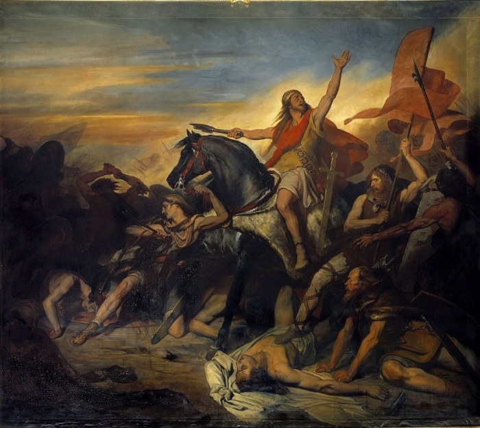 A nineteenth century painting depicting King Clovis leading his army to victory at the Battle of Tolbiac, circa AD 496. 