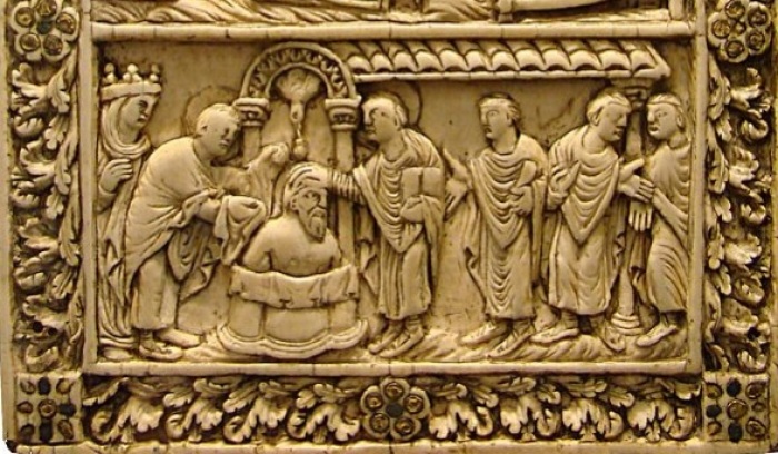 A ninth century book cover depicting the baptism of King Clovis, believed to have occurred on Christmas Day, AD 496. 