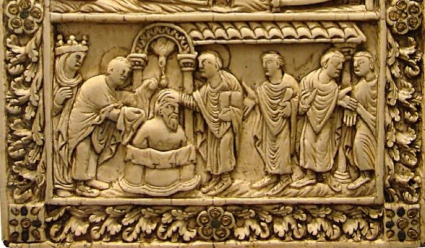 A ninth century book cover depicting the baptism of King Clovis, believed to have occurred on Christmas Day, AD 496.