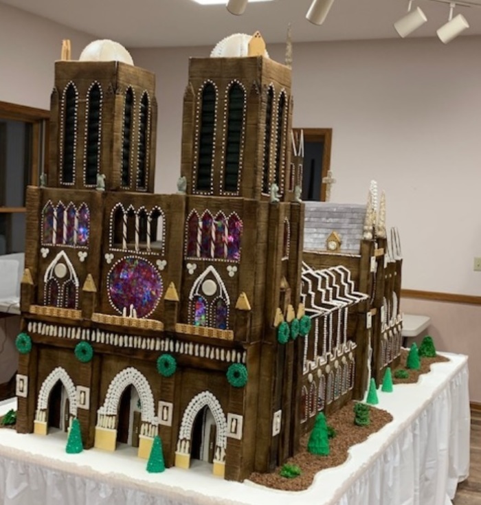 A 7-foot tall gingerbread replica of Paris' famed Notre Dame Cathedral, displayed at Holy Trinity Catholic Church of Weston, Missouri in December 2019. 