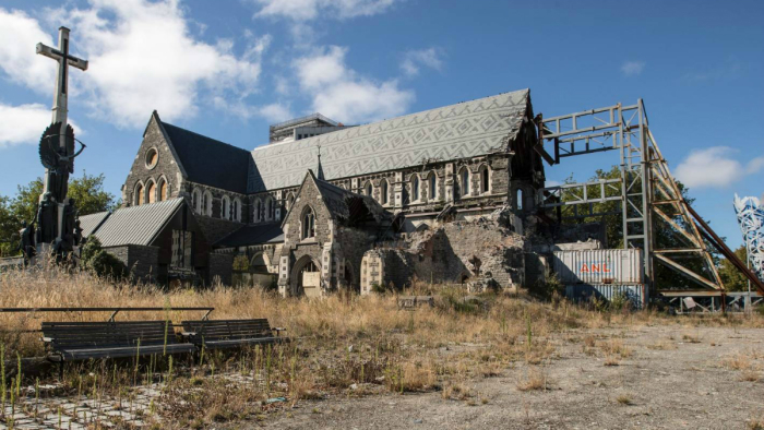 The ruins of Christ Church Cathedral in 2017, six years after an earthquake devastated Christchurch, New Zealand.