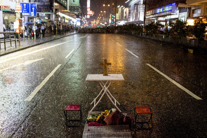 A makeshift church is seen abandoned during heavy rain on Nathan Road in Mong Kok district on October 22, 2014, in Hong Kong.
