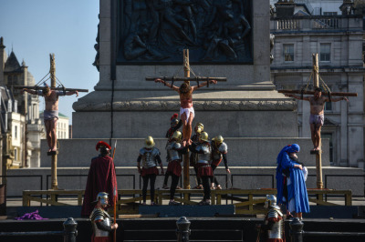 The Wintershall Players perform 'The Passion of Jesus' in front of crowds in Trafalgar Square on Good Friday, April 19, 2019, in London, England. 