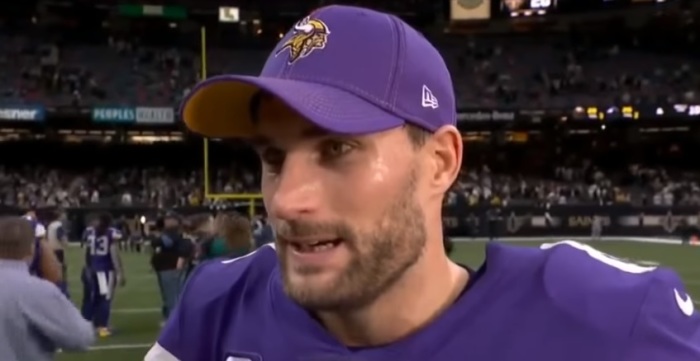 Kirk Cousins speaks with Fox Sports after the Minnesota Vikings' playoff victory over the New Orleans Saints in New Orleans on Jan. 5, 2019. 