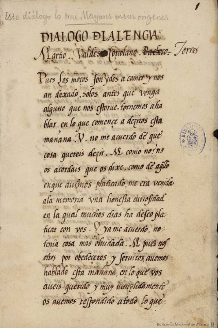 A copy of a dialogue essay written by Spanish Protestant Reformation figure Juan de Valdes (c. 1490-1541). 