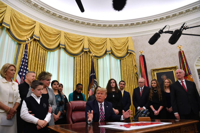 U.S. President Donald Trump participates in the Announcement of the Guidance on Constitutional Prayer in Public Schools, at the White House in Washington, D.C., on January 16, 2020. 
