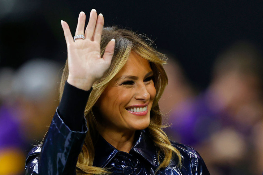 First Lady Melania Trump waves prior to the College Football Playoff National Championship game between the Clemson Tigers and the LSU Tigers at Mercedes Benz Superdome on January 13, 2020, in New Orleans, Louisiana.