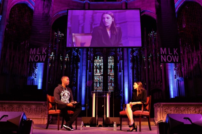 Rep. Alexandria Ocasio-Cortez, D-N.Y., in conversation with author and journalist Ta-Nehisi Coates at the MLK NOW 2020 event celebrating the legacy of Dr. Martin Luther King Jr. at the historic Riverside Church in Manhattan, N.Y., on January 20, 2020.