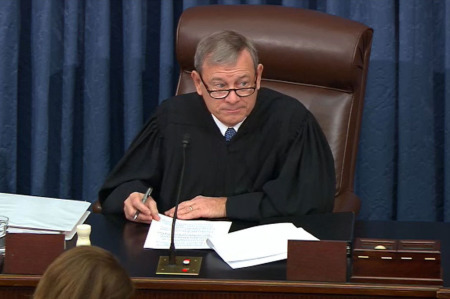 In this screengrab taken from a Senate Television webcast, Supreme Court Chief Justice John Roberts presides over impeachment proceedings for U.S. President Donald Trump in the Senate at the U.S. Capitol on January 21, 2020, in Washington, D.C.