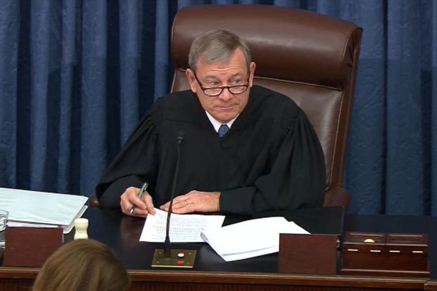 In this screengrab taken from a Senate Television webcast, Supreme Court Chief Justice John Roberts presides over impeachment proceedings for U.S. President Donald Trump in the Senate at the U.S. Capitol on January 21, 2020, in Washington, D.C.