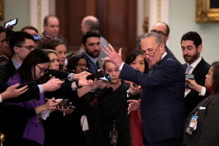 Senate Minority Leader Chuck Schumer, D-N.Y., speaks to reporters outside of the Senate chamber during a short recess in the impeachment trial proceedings at the U.S. Capitol on January 21, 2020, in Washington, D.C. 