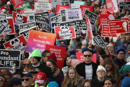 People gather for the 47th March For Life rally on the National Mall where U.S. President Donald Trump addressed the crowd, January 24, 2020, in Washington, D.C. The Right to Life Campaign held its annual March For Life rally and march to the U.S. Supreme Court protesting the high court's 1973 Roe v. Wade decision making abortion legal nationwide.