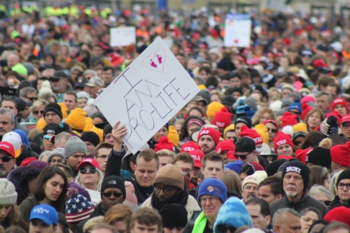 Demonstrators hold up signs during the 2020 March for Life in Washington, D.C. on Jan. 24, 2020.