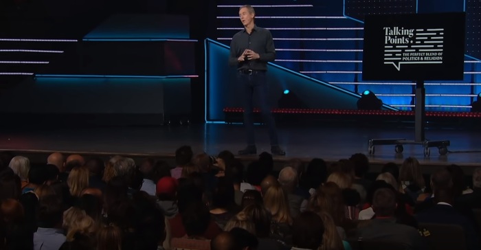 North Point Community Church Senior Pastor Andy Stanley preaching a sermon series titled 'Talking Points: The Perfect Blend of Politics & Religion' in January 2020. 