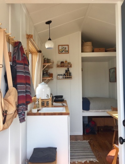 The interior of a tiny house prototype for a planned community for homeless veterans at the property of Faith Lutheran Church of Forest Lake, Minnesota. 