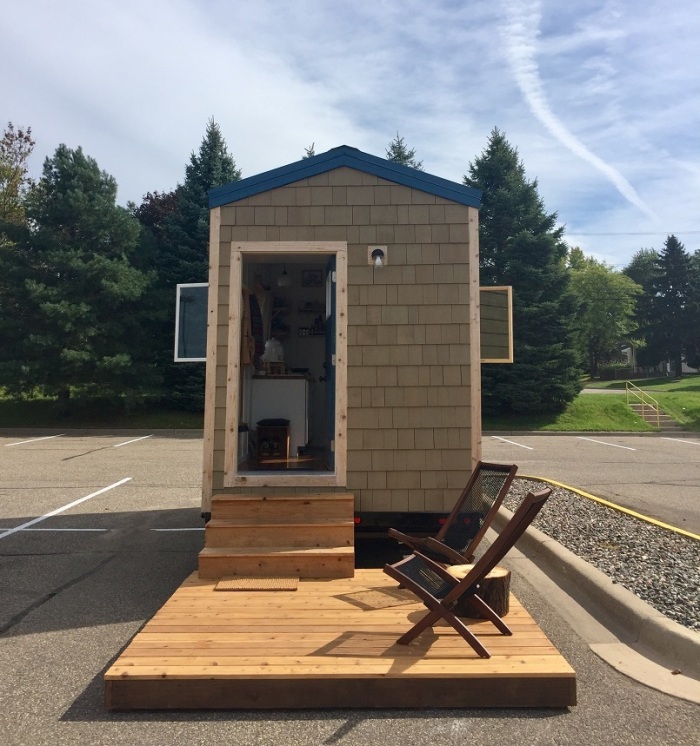 The exterior of a tiny house prototype for a planned community for homeless veterans at the property of Faith Lutheran Church of Forest Lake, Minnesota. 