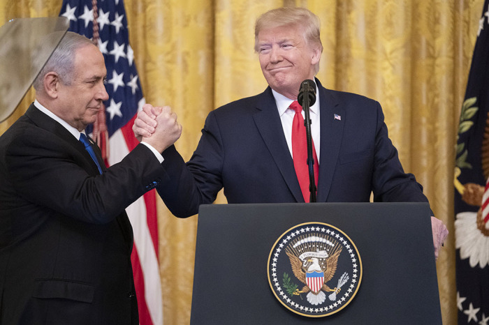 President Donald J. Trump delivers remarks with Israeli Prime Minister Benjamin Netanyahu Tuesday, Jan. 28, 2020, in the East Room of the White House to unveil details of the Trump administration’s Middle East Peace Plan.
