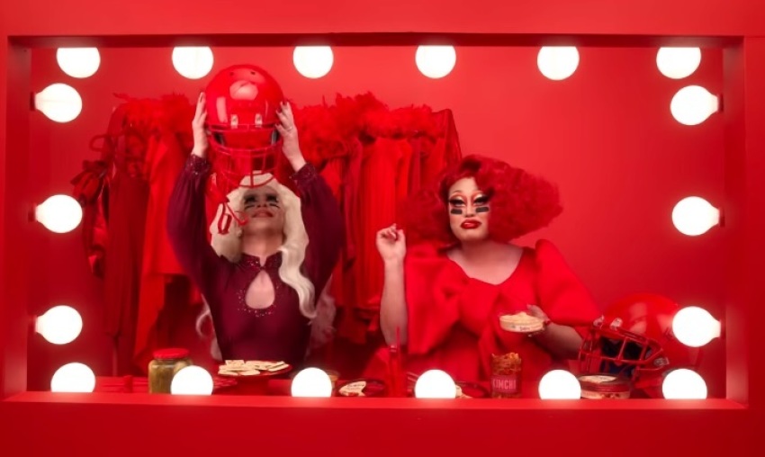 Drag stars Kim Chi (R) and Miz Cracker (L) appear in a commercial for Sabra hummus.