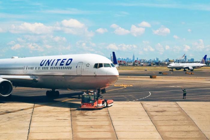 A United Airlines airplane is being taxied at Newark Liberty International Airport in New Jersey. 