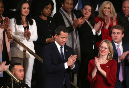Venezuelan opposition leader Juan Guaido accepts applause at the State of the Union address in the chamber of the U.S. House of Representatives on February 04, 2020, in Washington, D.C.