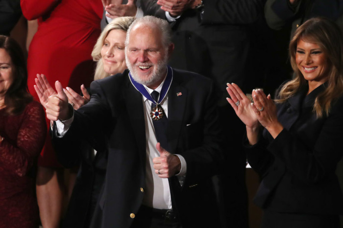 Radio personality Rush Limbaugh reacts after First Lady Melania Trump gives him the Presidential Medal of Freedom during the State of the Union address in the chamber of the U.S. House of Representatives on February 04, 2020, in Washington, D.C.