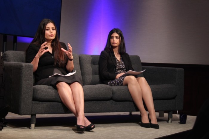 Marziyeh Amirizadeh (L) and Maryam Rostampour (R) participate in a panel discussion on religious freedom in Iran at the Family Research Council office in Washington, D.C. on Feb. 5, 2020.