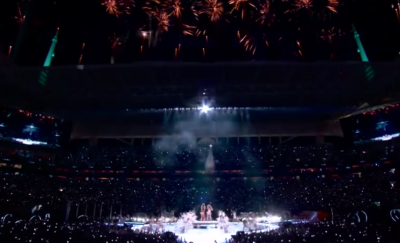 Shakira and Jennifer Lopez perform at Super Bowl LIV in Miami, Florida, Feb. 2, 2020.