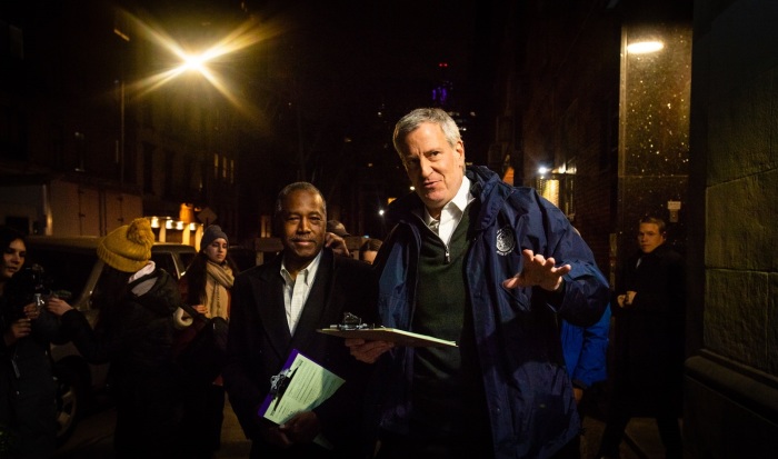 U.S. Department of Housing and Urban Development Secretary Ben Carson participates in the annual Homeless Outreach Population Estimate, or HOPE survey in New York City with Mayor Bill de Blasio in January, 2020.