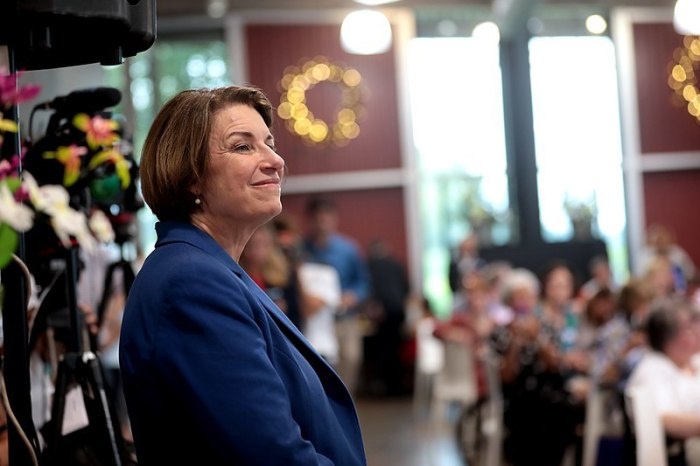 U.S. Sen. Amy Klobuchar, D-Minn., speaks with attendees at a fundraiser hosted by the Iowa Asian & Latino Coalition at Jasper Winery in Des Moines, Iowa. 