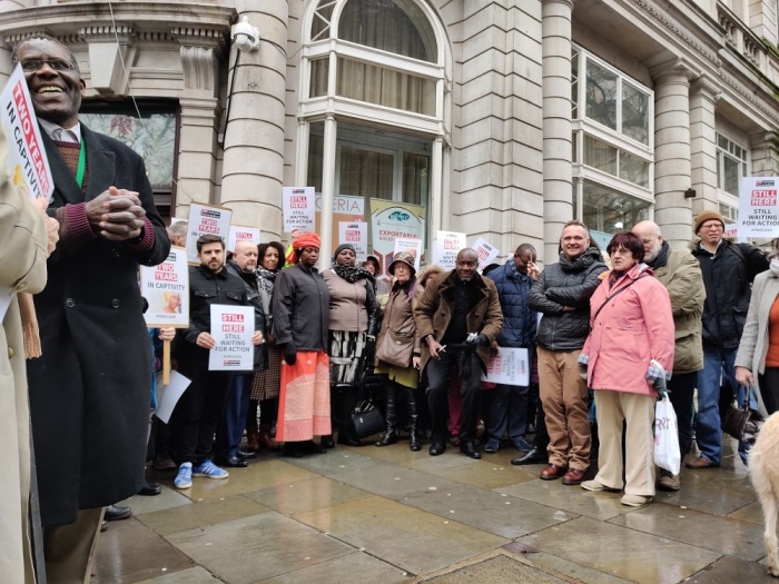 Rebecca Sharibu and supporters protest outside the Nigerian High Commission in London on Feb. 19, 2020. 