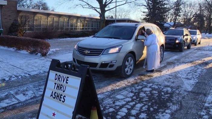 St. David's Episcopal Church of Southfield, Michigan, provides prayer and ash crosses via 'Drive-Thru Ashes' event for Ash Wednesday, 2019. 