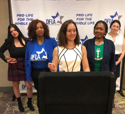 Democrats for Life Executive Director Kristen Day speaks at a press conference in Charleston, South Carolina, on Feb. 25, 2020. 