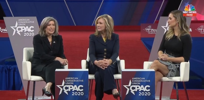 Senators Marsha Blackburn of Tennessee (center) and Joni Ernst of Iowa (left) discuss their issues with socialism on a panel moderated by Katie Pavlich of Townhall.com (right) held on Thursday, Feb. 27, 2020, at the Conservative Political Action Conference in National Harbor, Maryland. 
