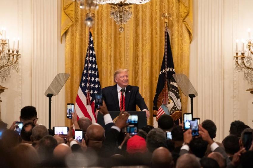 President Donald Trump greets supporters during a celebration of Black History Month at the White House on Thursday February 27, 2020.