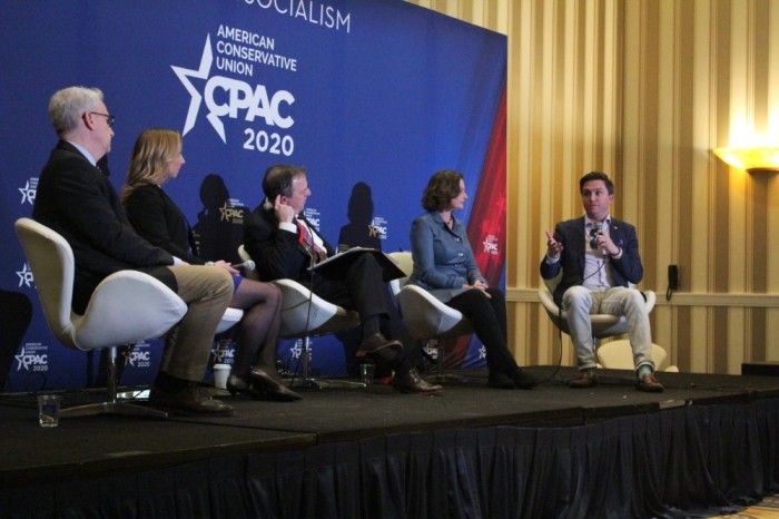 American Principles Project Executive Director Terry Schilling (R) speaks during a panel discussion at the Conservative Political Action Conference in Oxon Hill, Maryland on Feb. 28, 2020. He was joined on the panel by Mary Eberstadt (middle-right), Matthew Spalding (M), Rachel Greszler (middle-left) and David Harsanyi (National Review). 